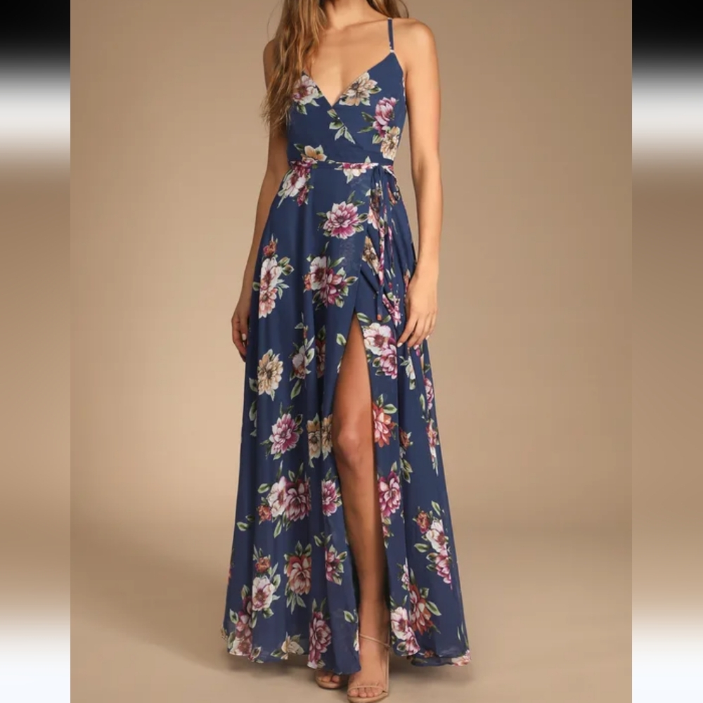 Lulu's Navy Blue Floral Maxi Dress with Pink & Cream Blooms